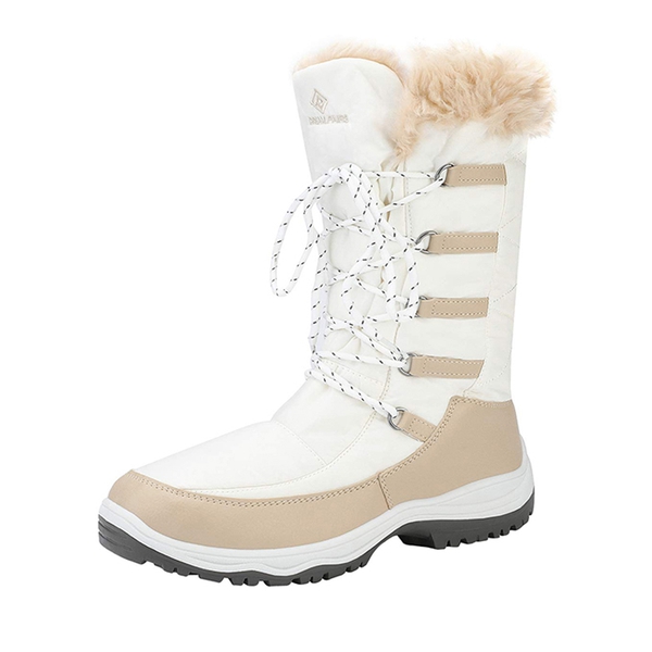 Mid Calf Lace Up Winter Boots - BEIGE WHITE -  0